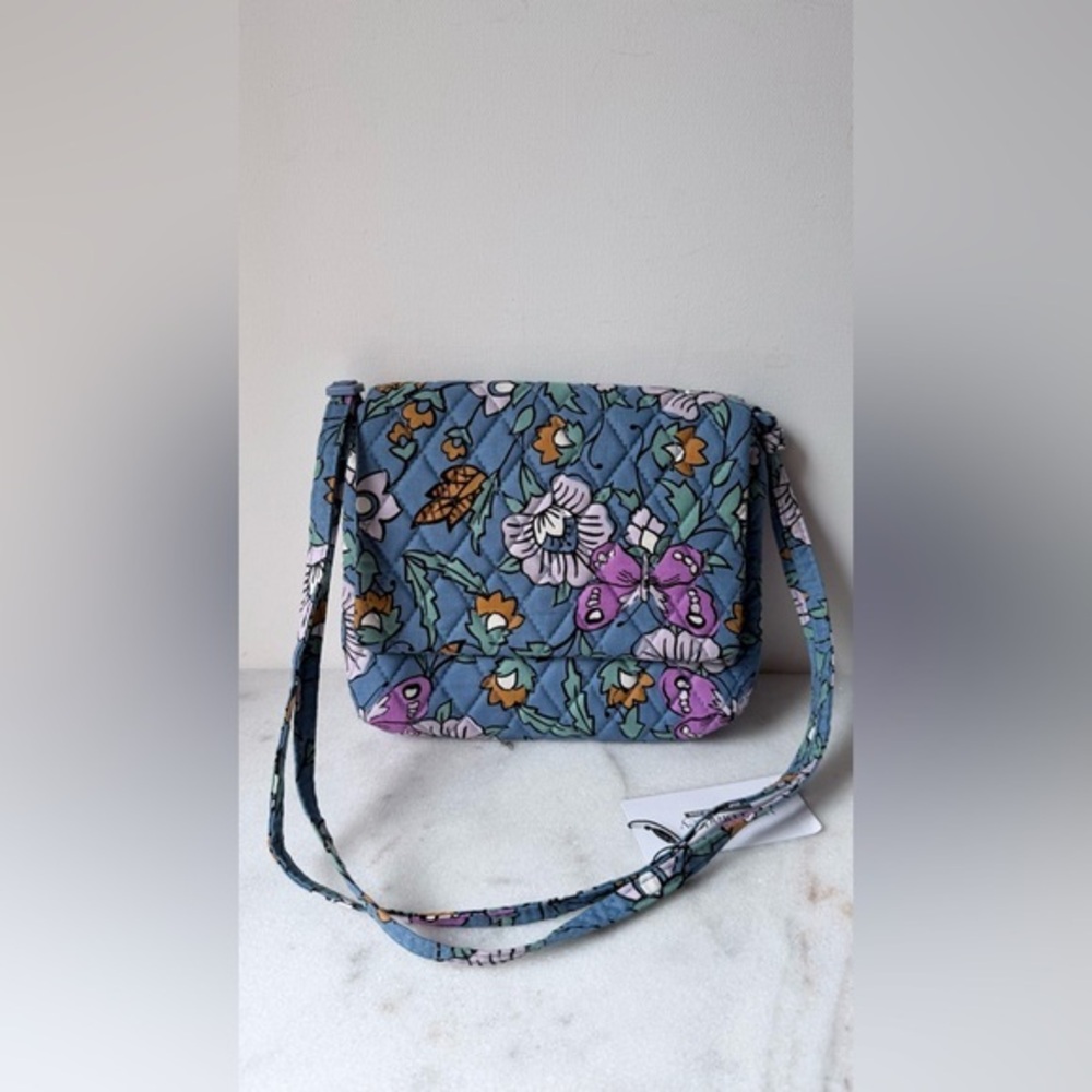 $69 Quilted Floral Crossbody Bag in Blue floral butterfly